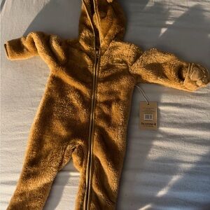 BearPaw Kids Brown Fuzzy Hooded Footie with Paw Mittens